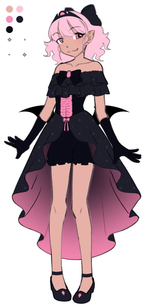 A tan, pink-haired, petite woman wearing a frilly black and pink dress that's high in the front and low in the back.