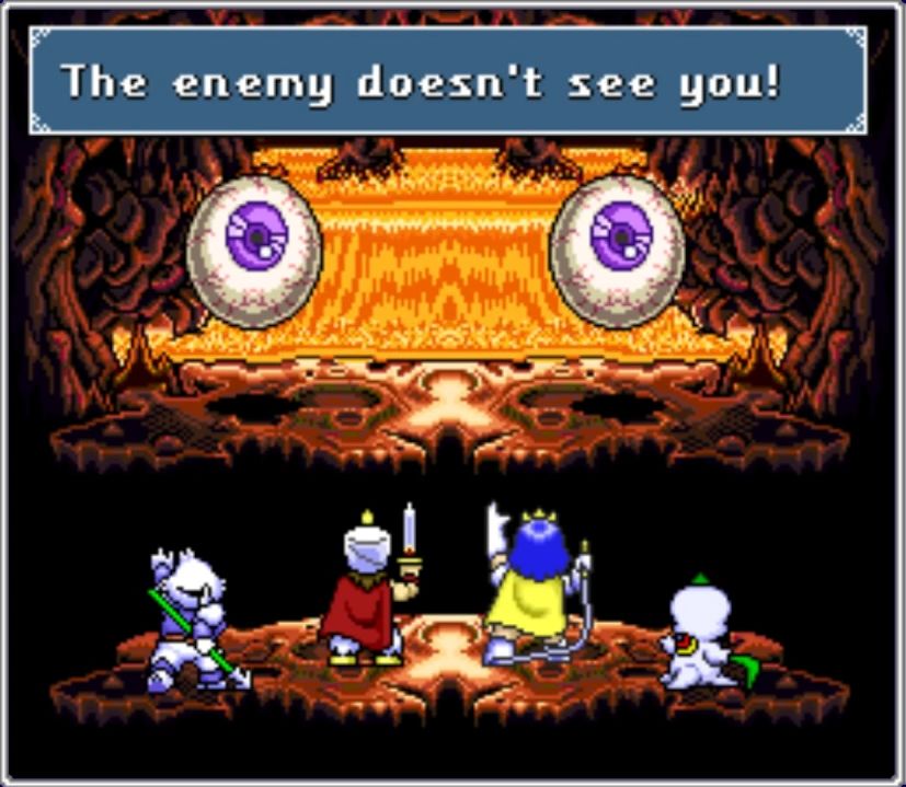 Four heroes from the video game Daikaijuu Monogatari stand before the enemy; two giant floating eyeballs. The text reads, "the enemy doesn't see you"