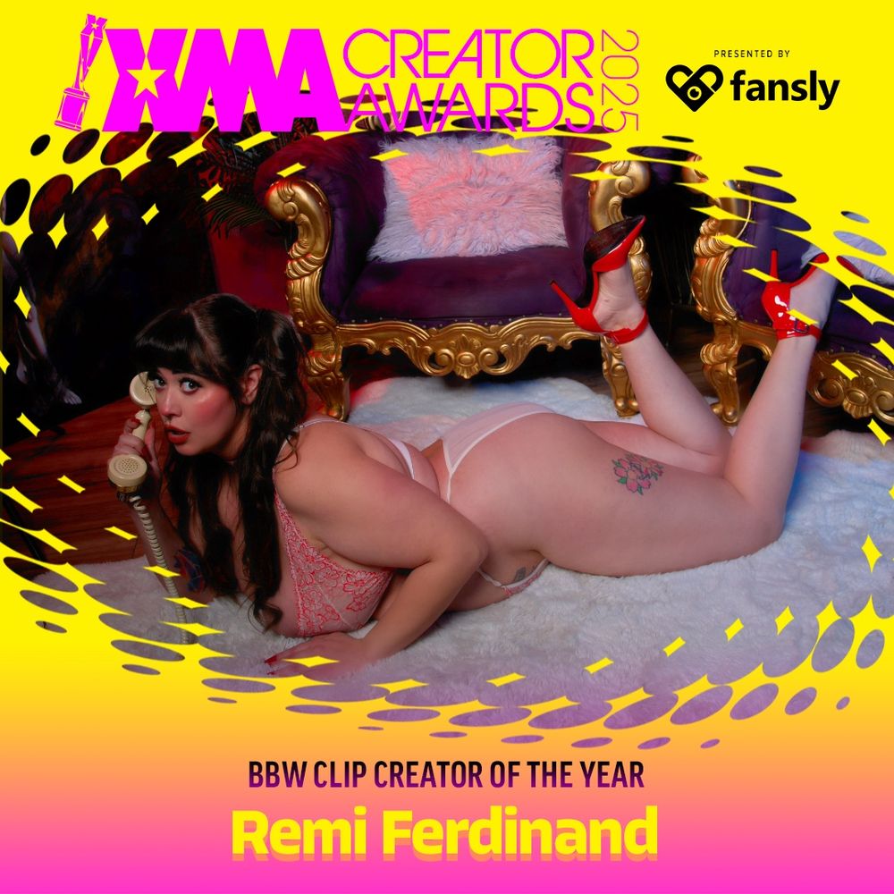 Flyer for the XMA Awards nominee for “BBW Clip Creator of the Year” - Remi Ferdinand, a busty porn star. In the photo she lounges on a fluffy rug in lingerie and red heels, holding a vintage telephone.