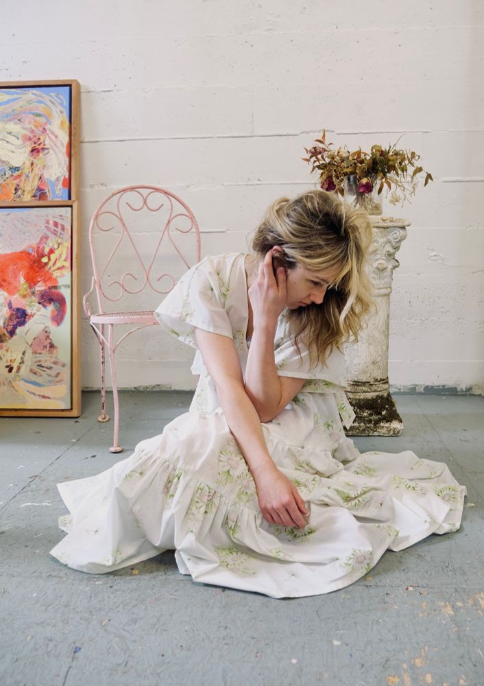Come check out @kdiederichstudio’s beautiful painting show at @fineartfruit up through May 15th. We photographed clothing on her during our studio visit last month and she was definitely our muse for clothing we made for her Special French Blue show.  This show is not to be missed! Tuesday-Sunday 11-5pm 925 NW 19th, Portland Oregon. 