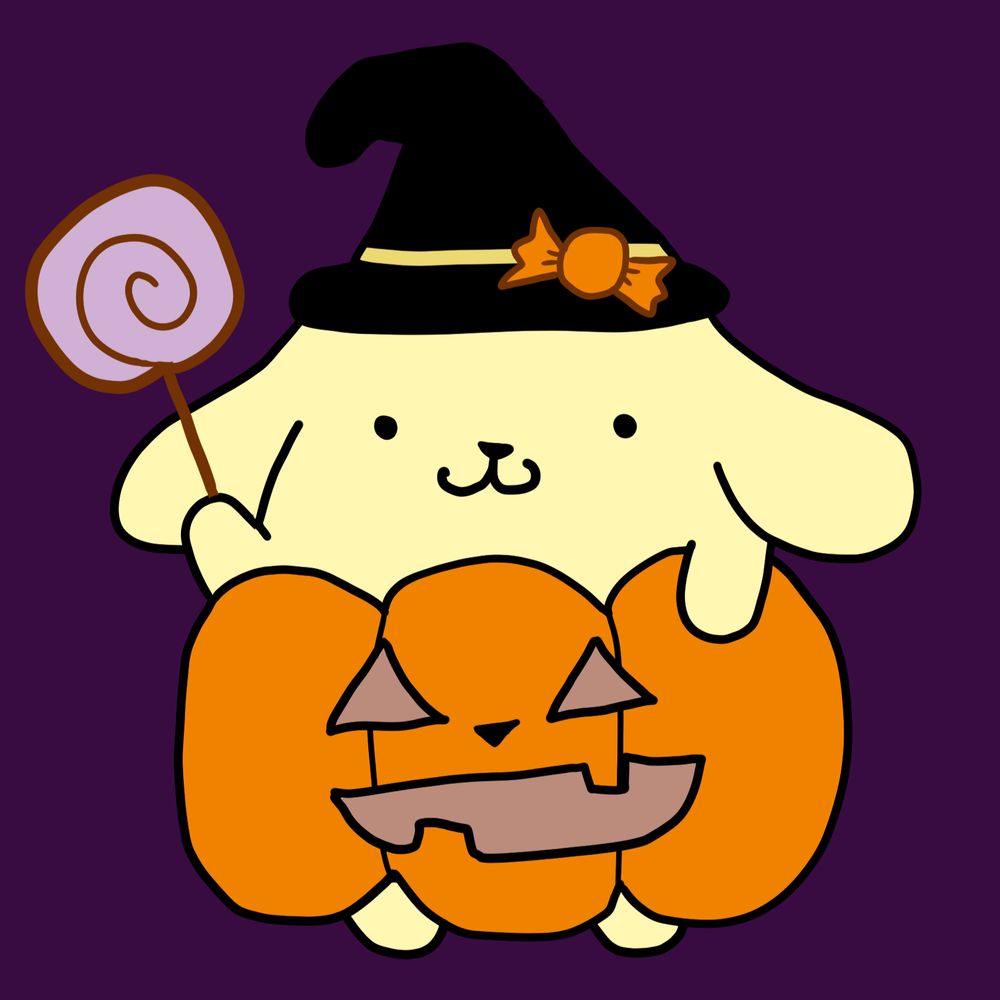 a digital drawing of pompompurin wearing a jack-o-lantern costume and a witch hat. he is also holding a purple lollypop 