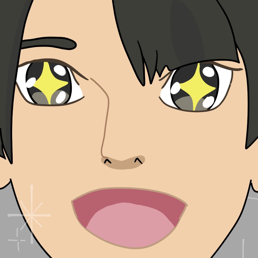 a digital drawing that is a close up of kazuma's face. his eyes are extremely big and full of sparkles and his mouth is open in excitement 