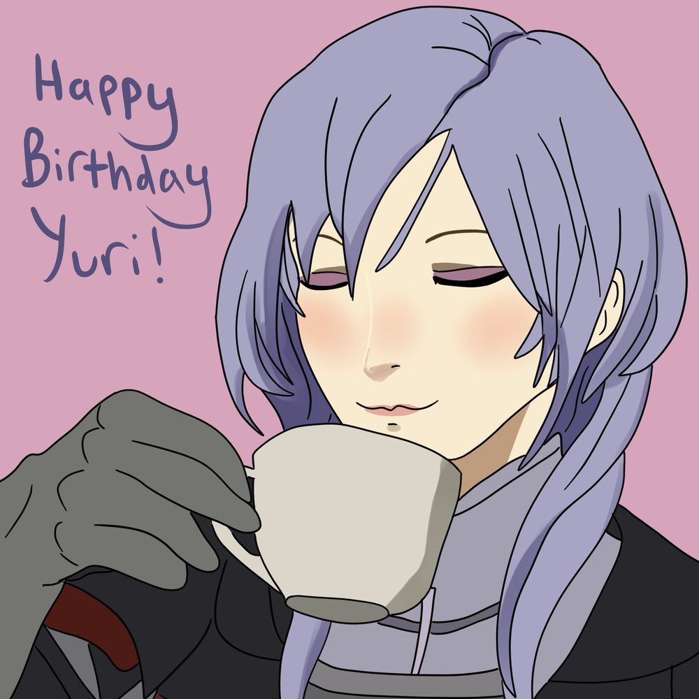 a digital drawing of yuri leclerc holding a teacup up to his lips. his eyes are closed and his cheeks are flushed. in the top corner 'happy birthday yuri!' is written
