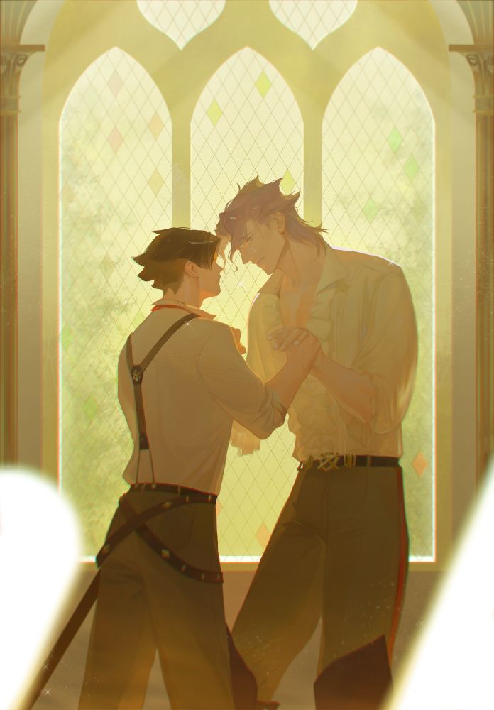 a beautiful digital art of kazuma and barok standing next to a stained glass window. barok is crying and looking at kazuma, who is looking up at him. kazuma is holding onto barok's wrist as if to console him