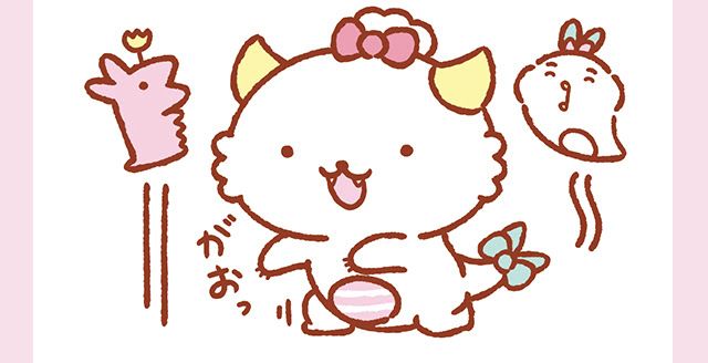 the sanrio character gaopowerroo. he is a dinosaur with little horns and he is white. 