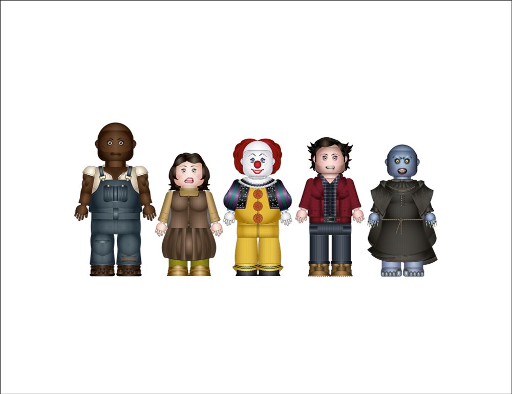 A selection of iconic characters from Stephen king books/films. Styled similar to Lego. Shawshank - John Coffey, Misery - Annie Wilkes, IT - Pennywise, The Shining - Jack Torrance, ‘Salem’s Lot - Kurt Barlow 