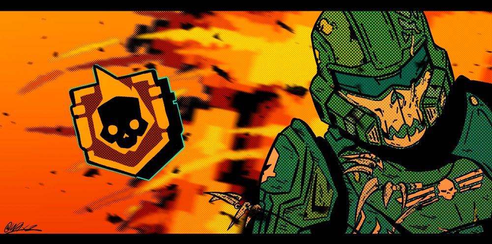 A comic-like render of Mortis with the Fire Safety Officer badge next to them. An explosion is going off behind Mortis.