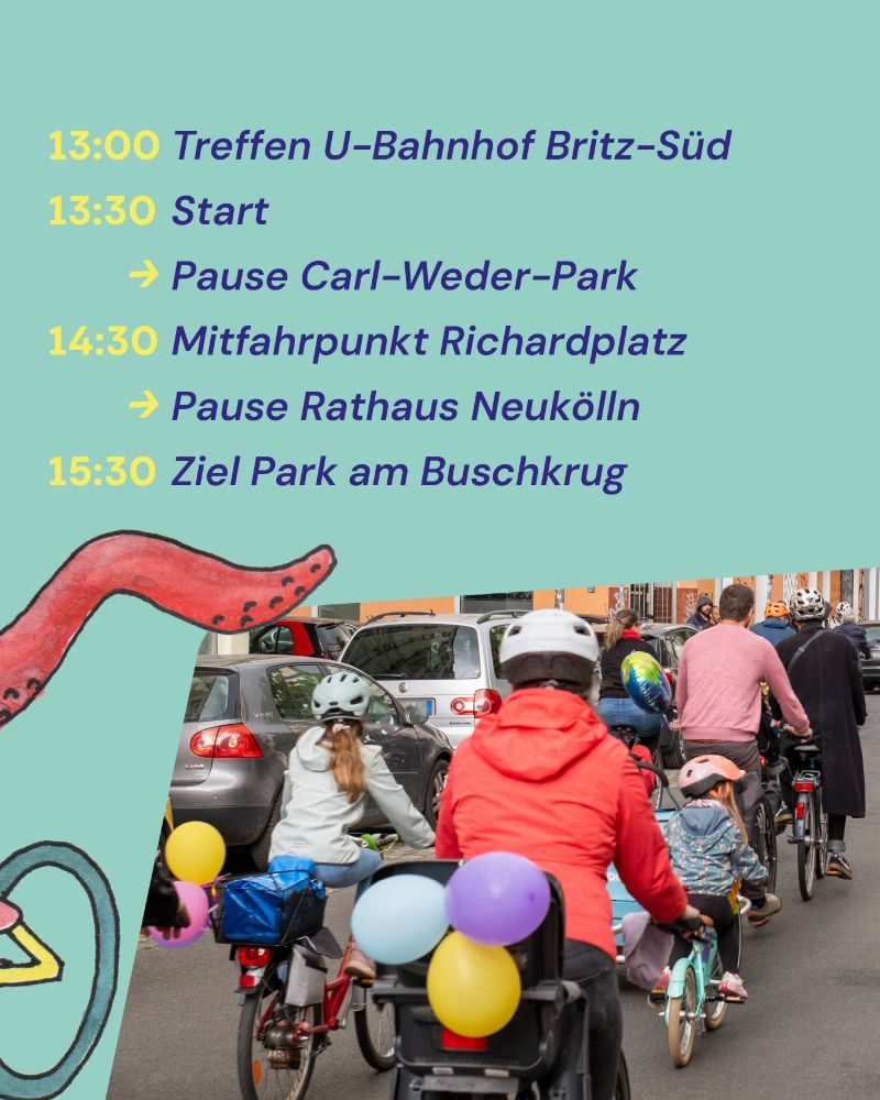Eine Gruppe von Radfahrern, darunter Kinder, fährt auf einer Straße. Auf der linken Seite steht ein Zeitplan mit Uhrzeiten und Orten:
13:00 Treffen U-Bahnhof Britz-Süd
13:30 Start
14:30 Mitfahrpunkt Richardplatz
15:30 Ziel Park am Buschkrug
