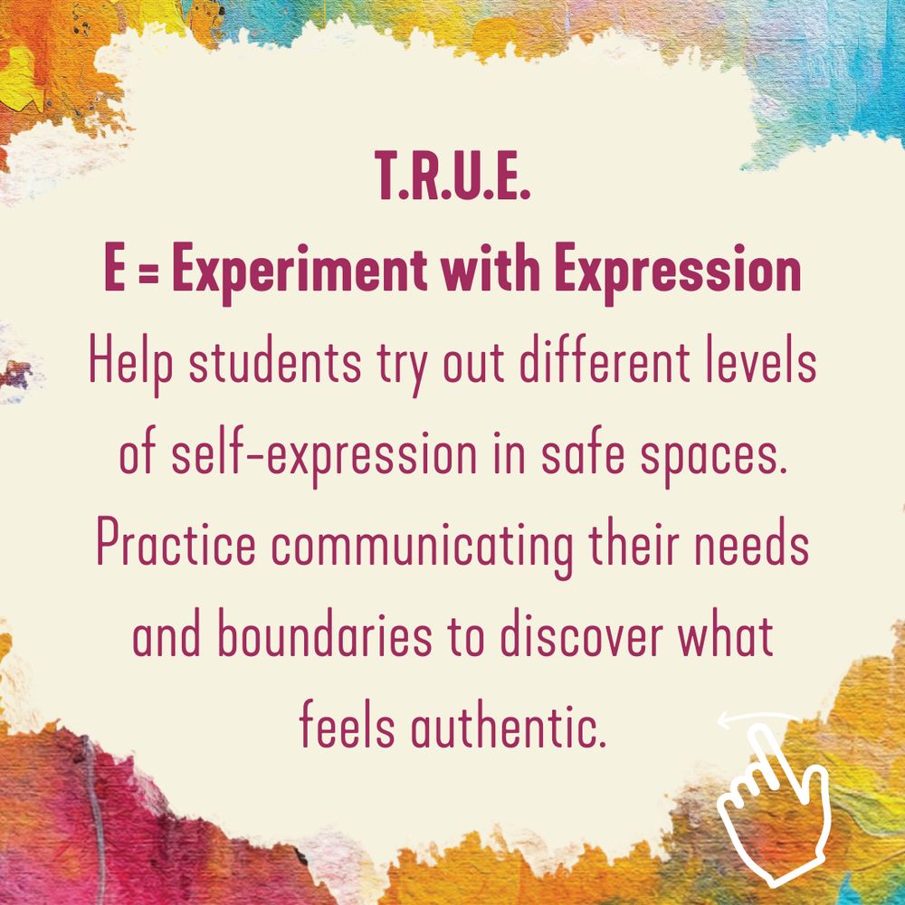 Watercolor-bordered design showing E = Experiment with Expression, encouraging safe exploration of authenticity.