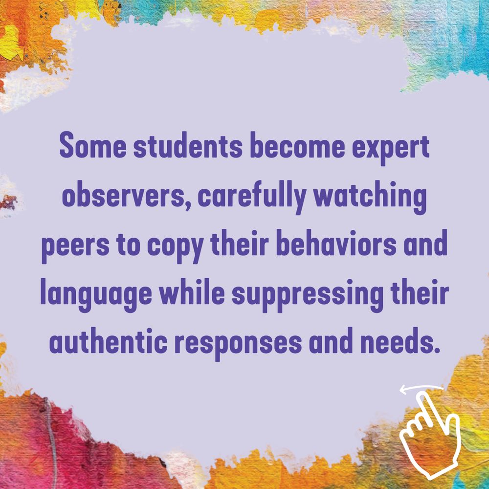 Watercolor-bordered background describing how students become expert observers, copying peer behaviors while suppressing authentic responses.
