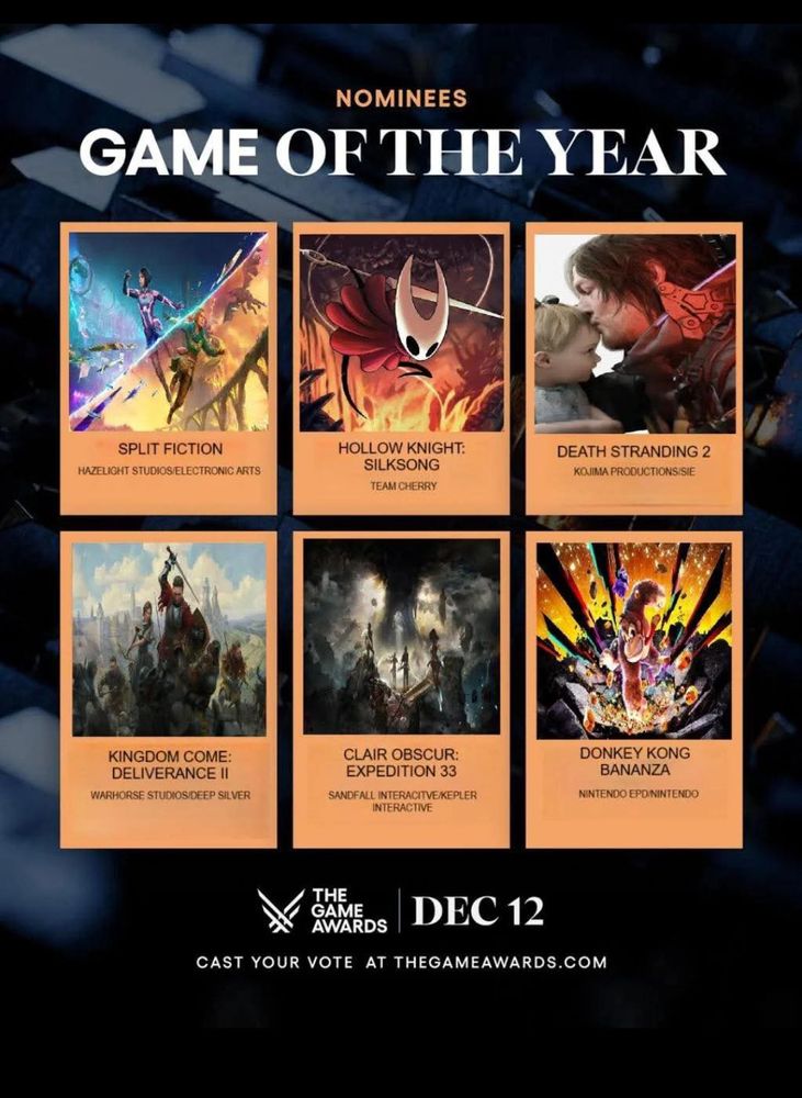 Nominées au GOTY 2025: Split Fiction, Silksong, Death Stranding 2, Kingdom Come Deliverance II, Clair Obscur et Donkey kong Bananza