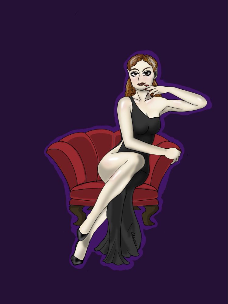 A lady in a high slit dress drown on Procreate