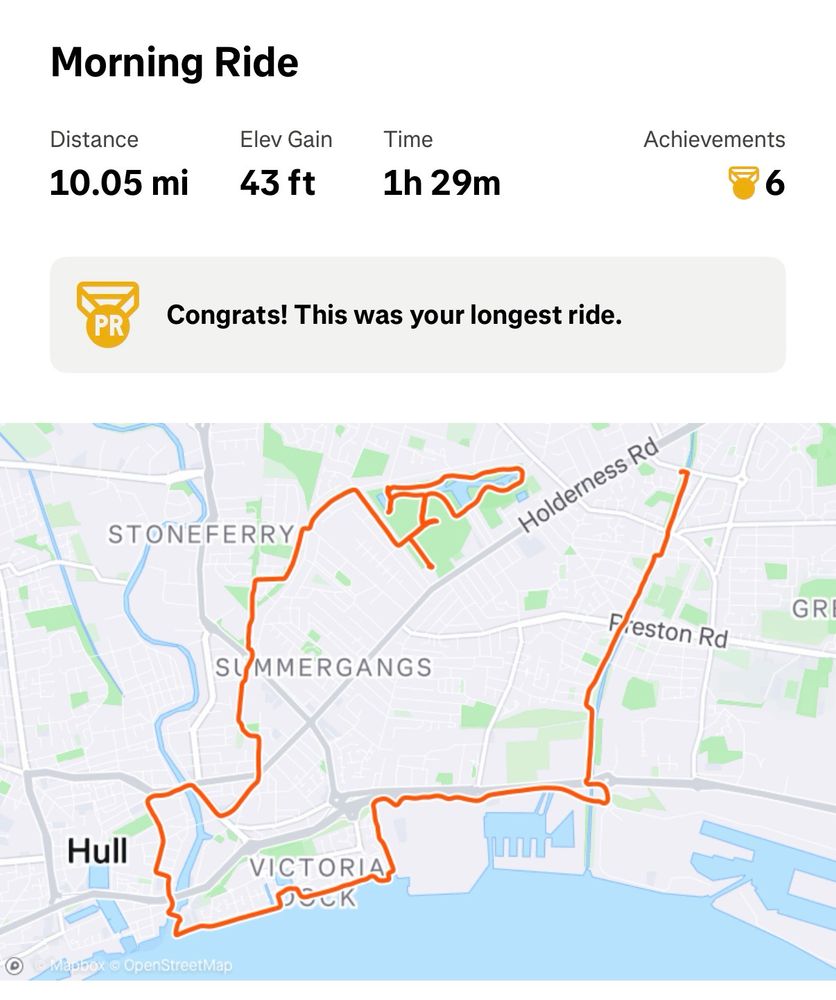Screenshot of a Strava record of the morning bike ride, noting a distance of 10.05 miles, an elevation gain of 43 feet, and a time of 1 hours and 29 mins riding. A map of the route through east and central Hull follows text indicating this was, in fact, my longest ride recorded on Strava.