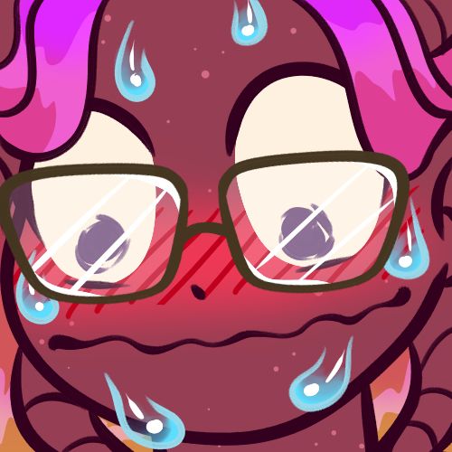 a mauve tiefling with glasses looks down with wide eyes. She is blushing and sweating profusely.