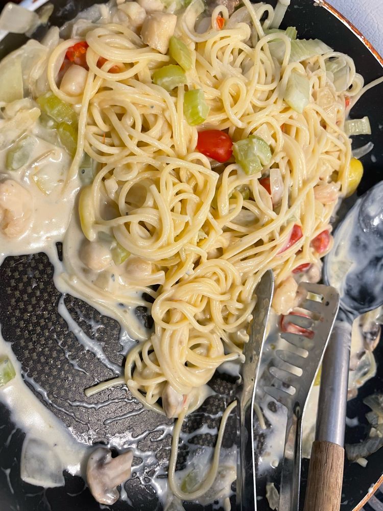 Seafood pasta with blue cheese sauce