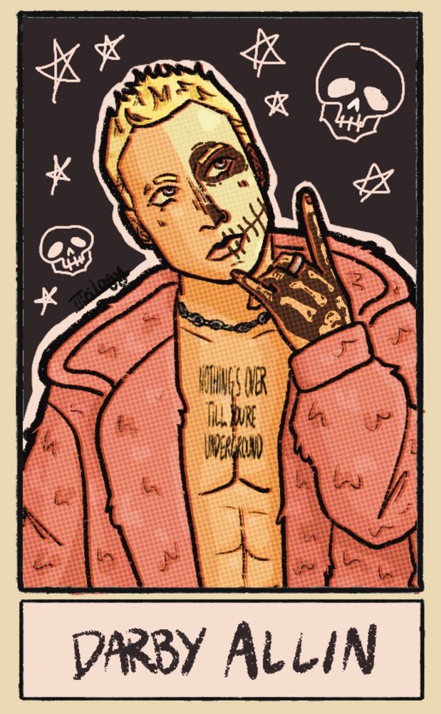 A drawing of Darby Allin. He’s holding up the sign of the horns hand gesture. He’s wearing his fluffy pink jacket. 