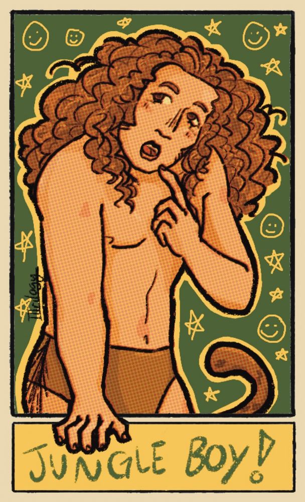 Digital drawing of Jungle Boy. He’s holding his index finger up to his face in confusion (I guess?). He has a monkey tail.