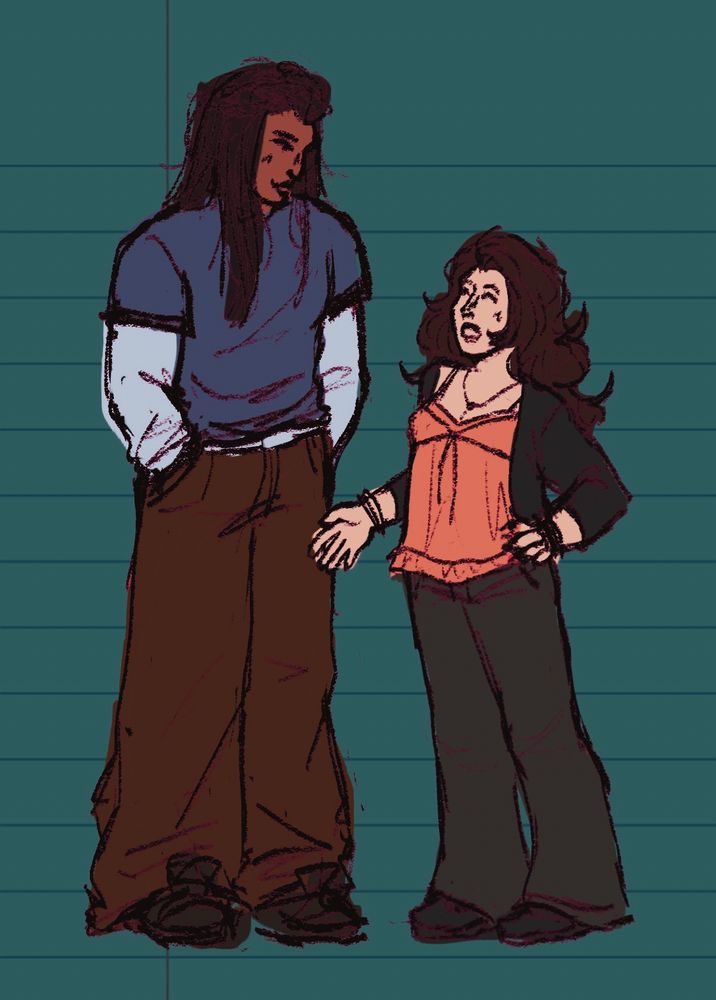Drawing of Jacob and Bella standing next to each other. Jacob is significantly taller and has his hands in his pockets. Bella is talking with her hands. 