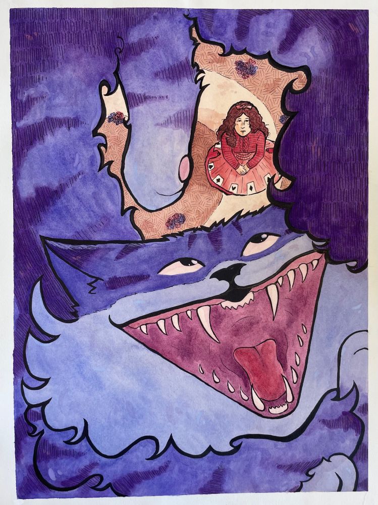A watercolor drawing of the Cheshire Cat curled around the piece. His head is huge and his mouth is wide open showing small fangs. He is looking up at Alice who is sitting on a path looking up. She is framed by the cat’s foot, tail, and head. 
