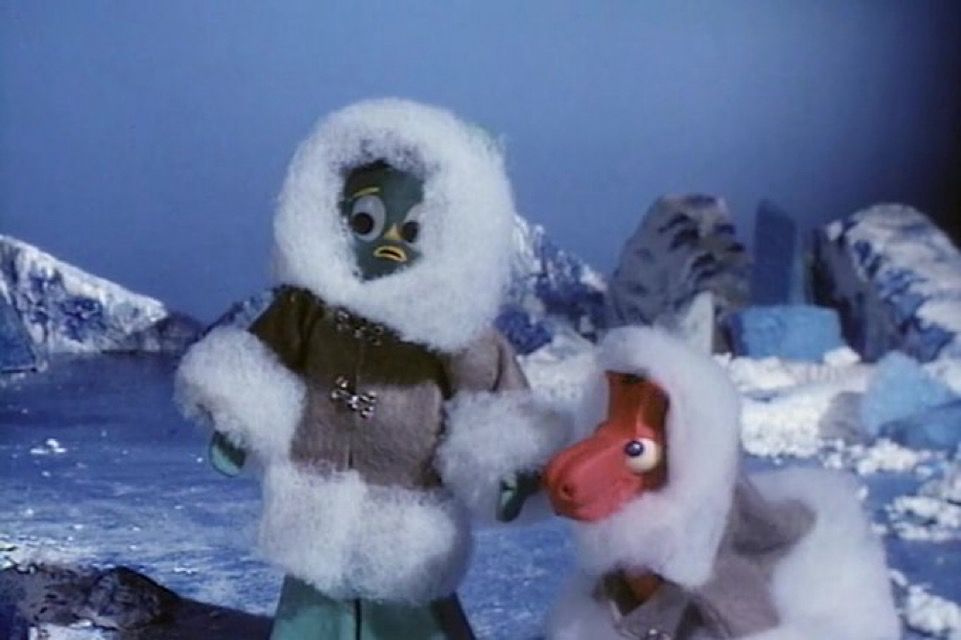 Picture of Gumbi and Pokey in big coats in the snowy regions of the planet broh