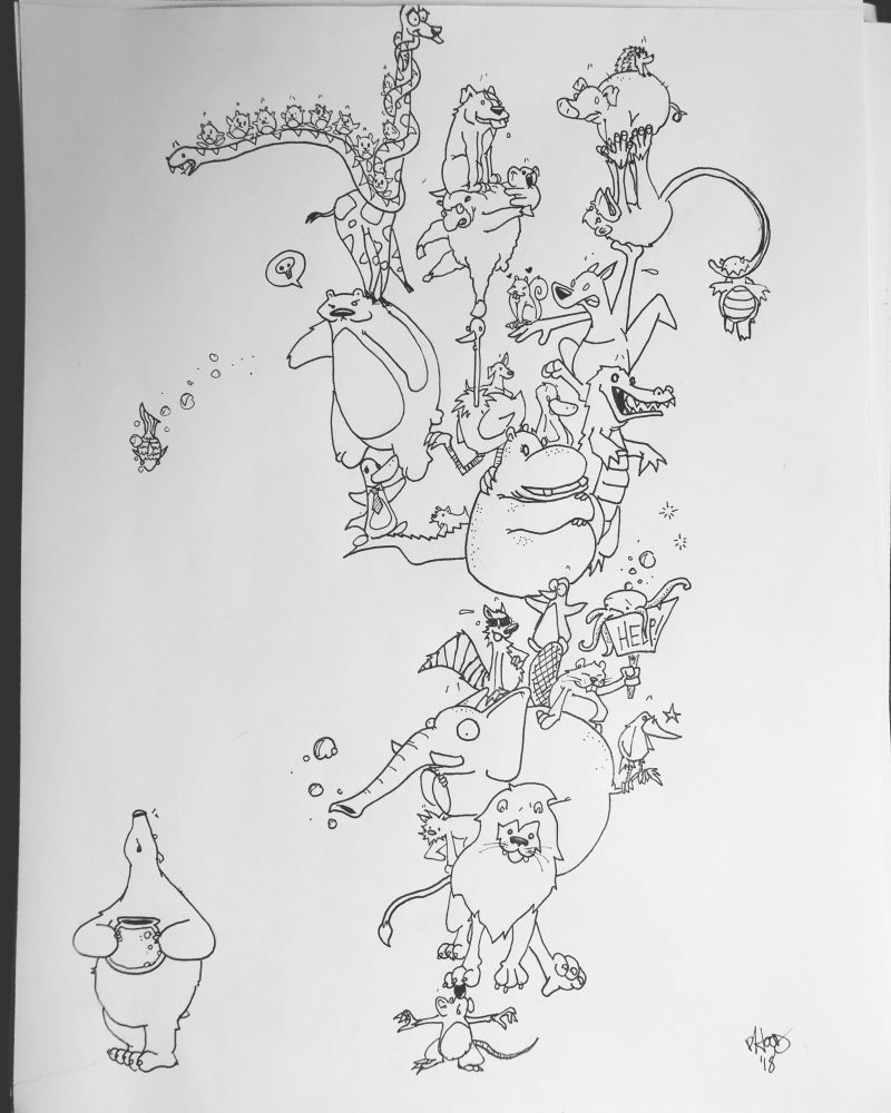 Drawing I did of a bunch of animals stacked on top of each other 