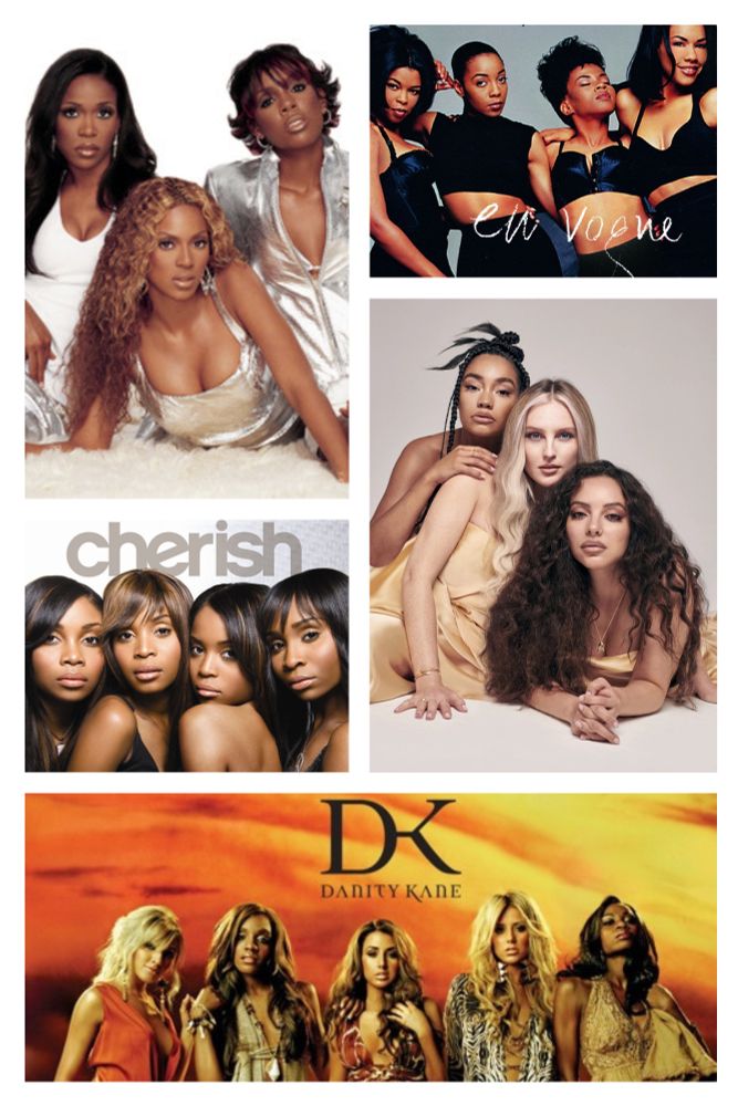A collage of girl groups: destiny’s child, en vogue, cherish, little mix, and danity kane