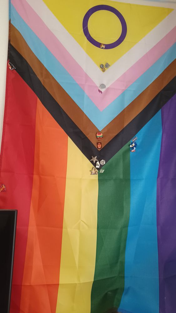 A progress pride flag with a collection of enamel pins from different fandoms, furry creators, events and ones that have been passed on to me