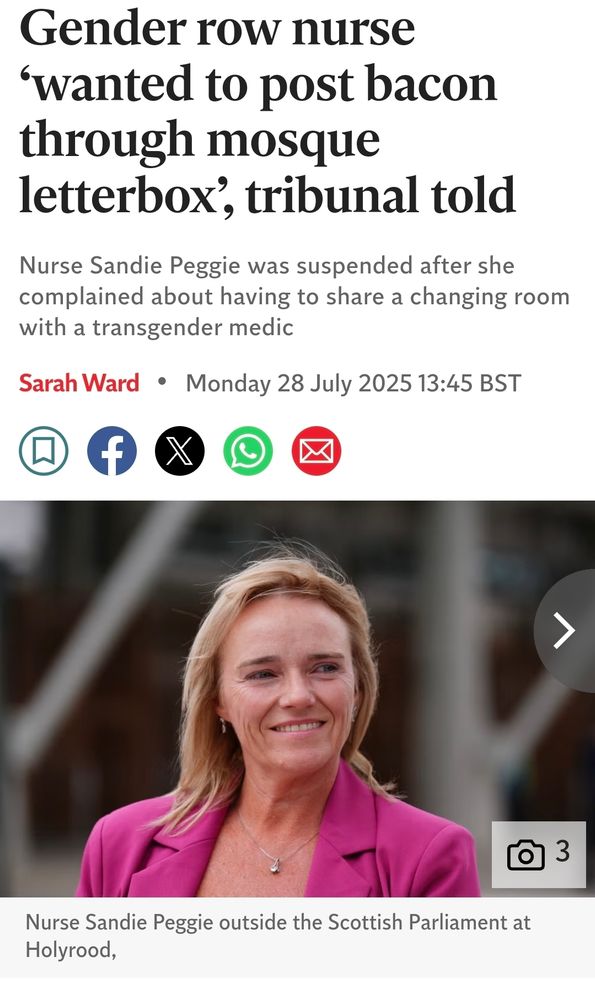 Gender row nurse ‘wanted to post bacon through mosque letterbox’, tribunal told
Nurse Sandie Peggie was suspended after she complained about having to share a changing room with a transgender medic