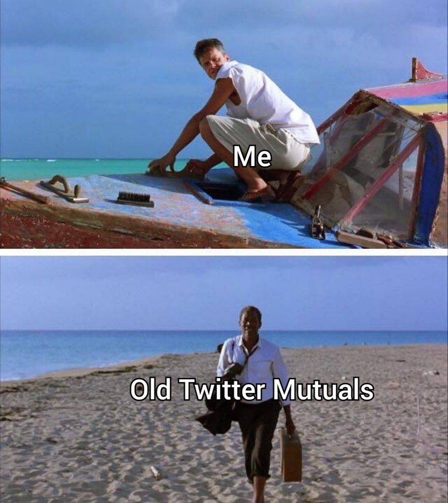 Closing scene from Shawshank where Andy Dufresne (Me) is working on a boat on a beach in Mexico. Red (Old Twitter Mutuals) approaches the boar grinning.