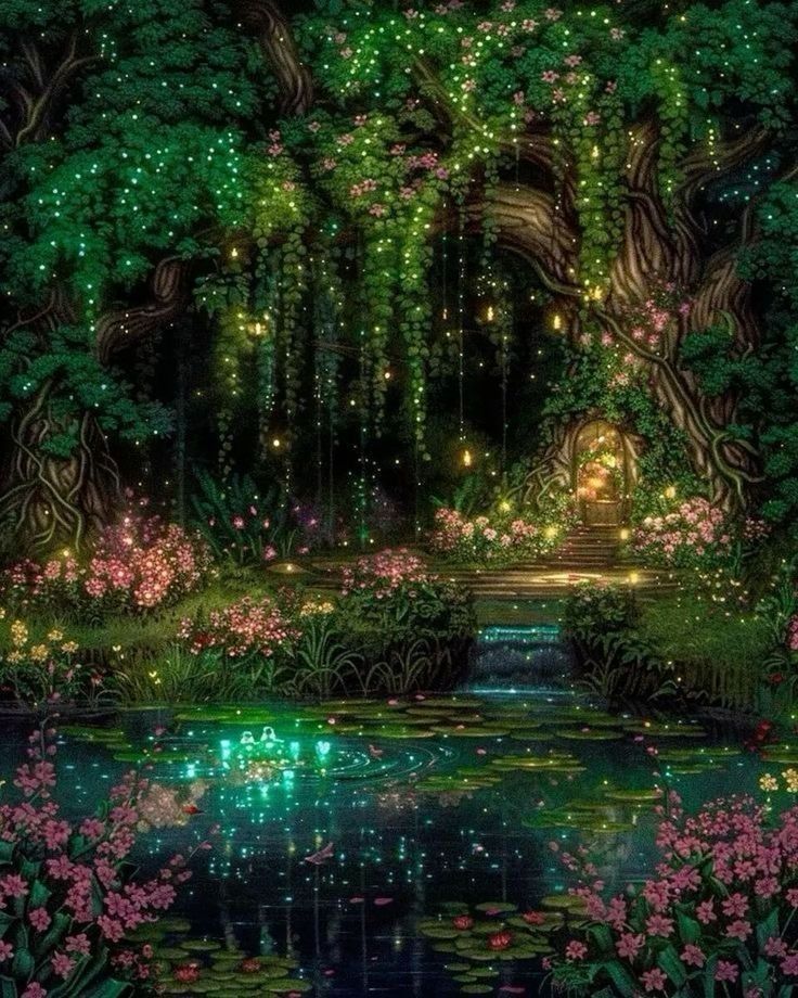 drawing of a tree overlooking a pond. the style is very fantastical, there are many specks of light all over and the tree has a door in the trunk, with steps leading up to it. pink flowers surround the pond and tree