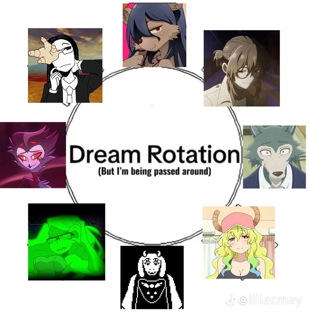 Starting from the top going clockwise:
Elza - Ishuzoku Reviewers
Anko - Call of the Night
Legoshi - Beastars
Lucoa - Dragon Maid
Toriel - Undertale
Zmora - Awaria
Stolas - Helluva Boss
Coral Glasses - ENA Dream BBQ