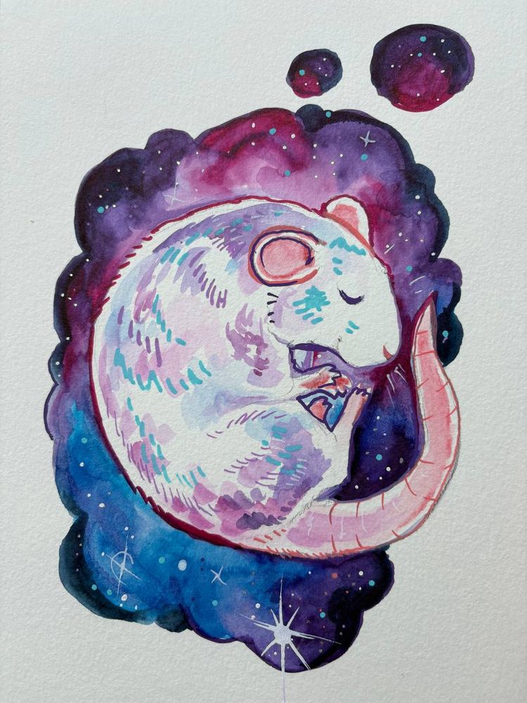 A pastel pink, blue and white rat floating on a nebula background. She looks peaceful and happy. This is a watercolor painting on paper. 