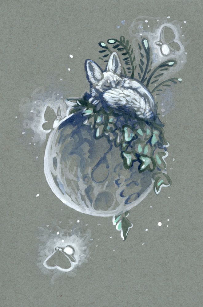 A white fox curled into a ball on a small moon, surrounded by fire flies. This is a limited palette painting in mostly blue, white and green. It is an acrylic painting.