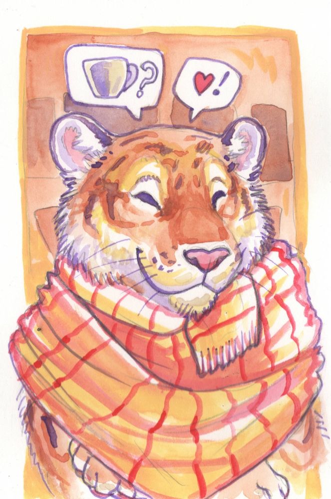 A tiger wrapped in a scarf, with a coffee cup with a question mark in one speech bubble, and a heart and an exclamation point in the other. The tiger looks happy! This is a mostly orange and yellow watercolor painting. 