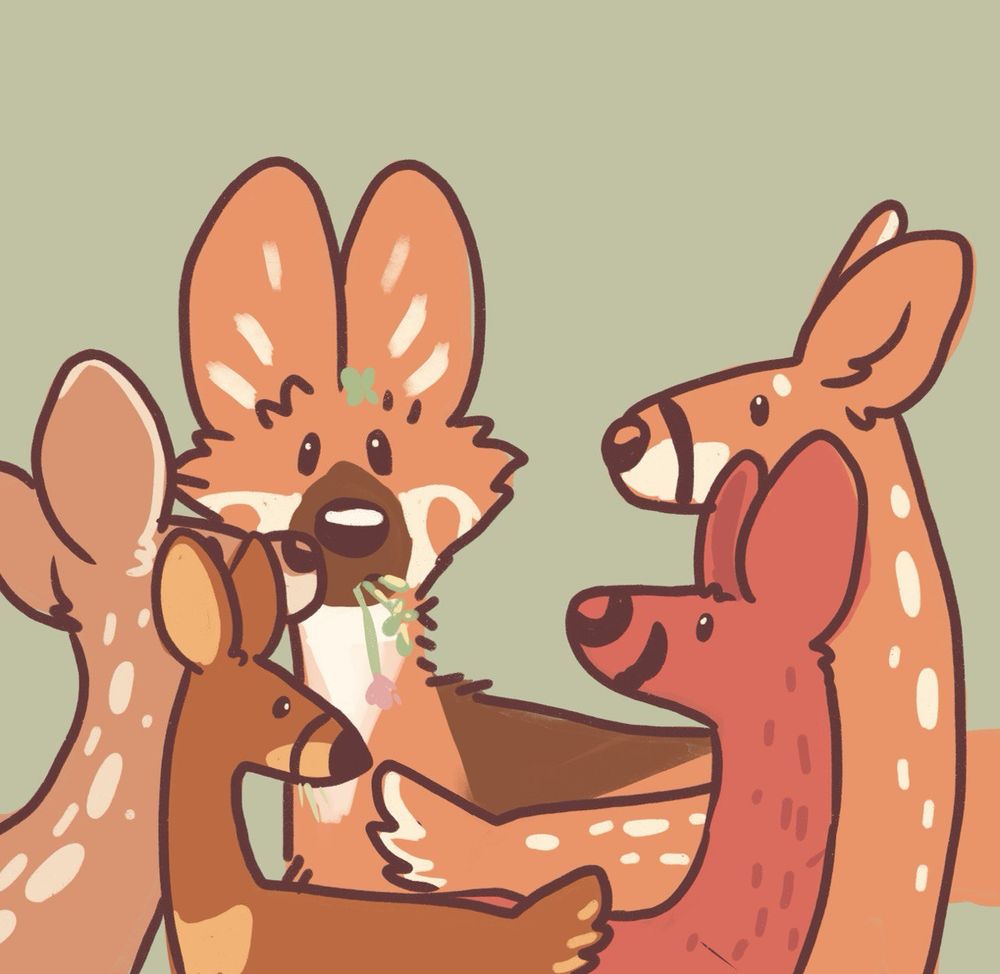 A cartoony maned wolf with a mouth full of clover like she was grazing. Four deer are staring are her with slightly confused faces. 