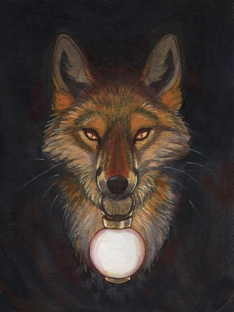 A red fox lit by the lantern they are holding. This is an acrylic painting on wood. 