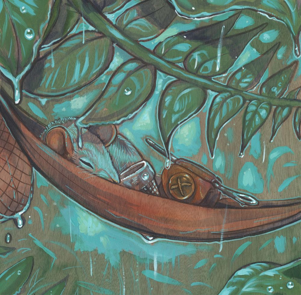 A mouse is sleeping in a hammock on a rainy day with their gear, a backpack with a needle, a thimble, and a bag. This art is mostly cyan and warm tones and is an acrylic painting on wood. 