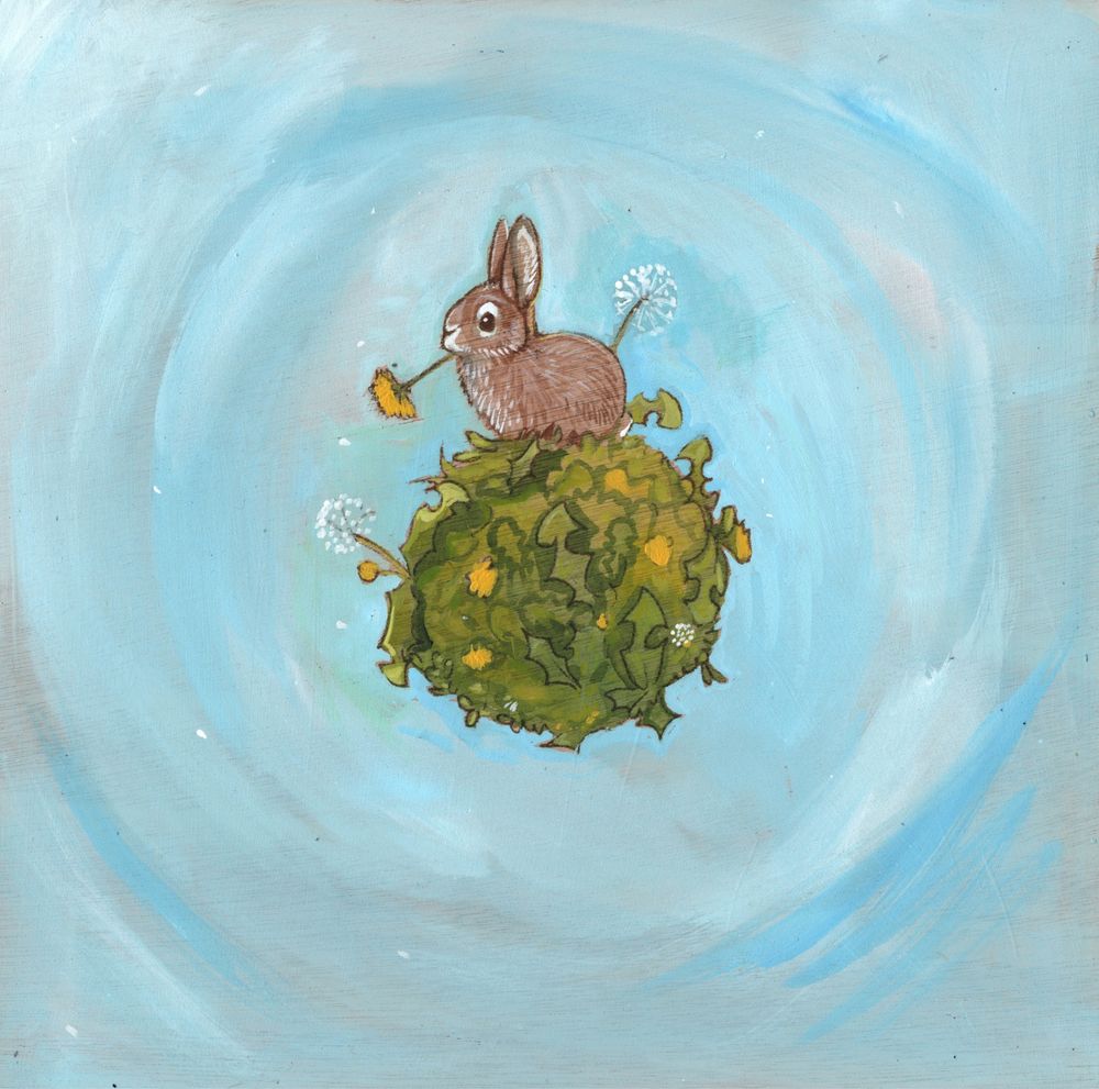 A small brown bunny sitting on a tiny planet made of dandelions greens. They are munching a flower. 