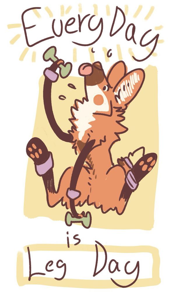 A cartoony maned wolf doing exercise with the text “Every Day is Leg Day” 