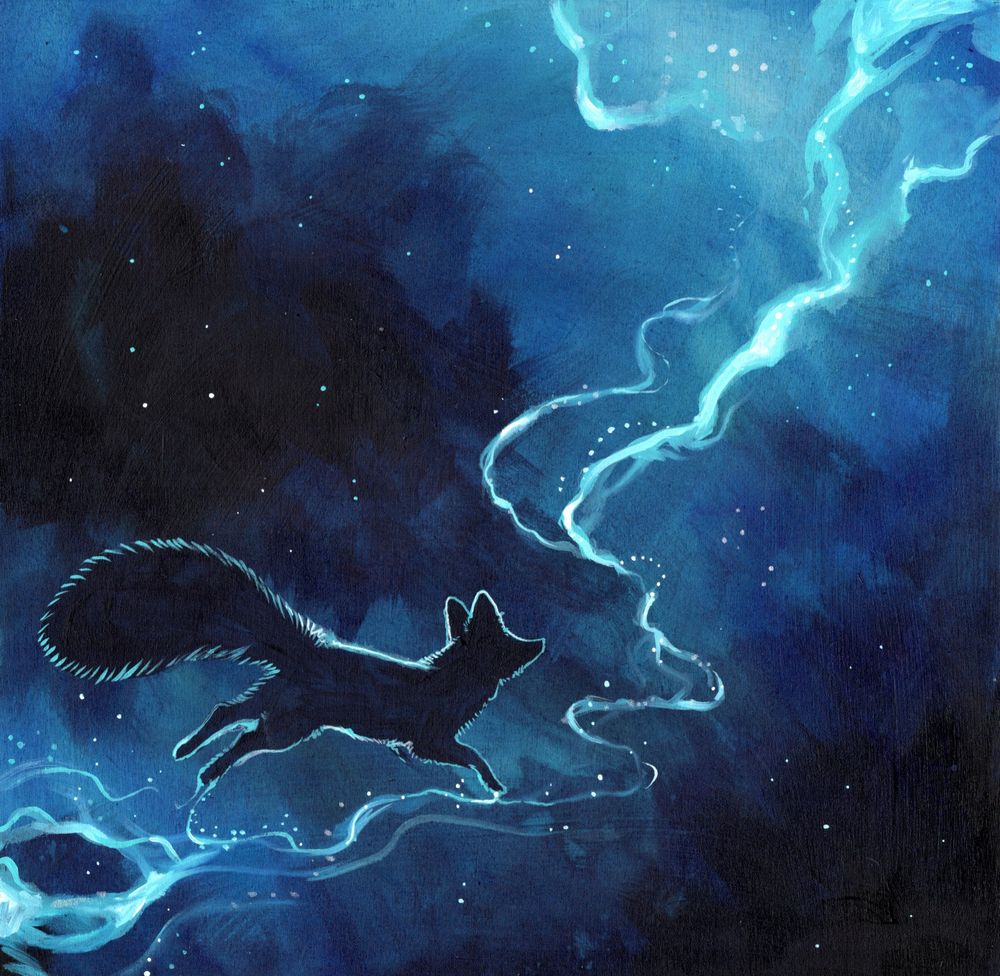 A black, spectral fox is frolicking on a ghostly light with stars in the background. 