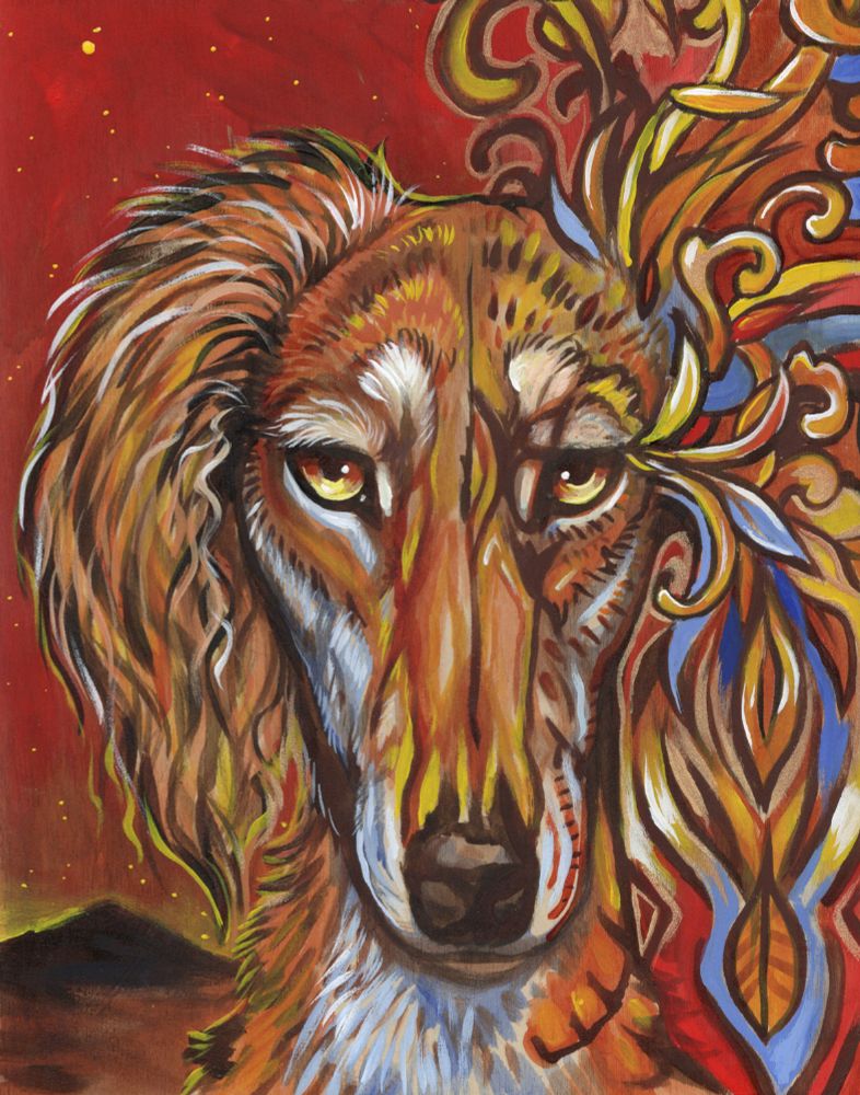A saluki looking forward, the left side of its face (viewer right) has abstract geometric patterns. There is a desert background. This is an acrylic painting on wood. 