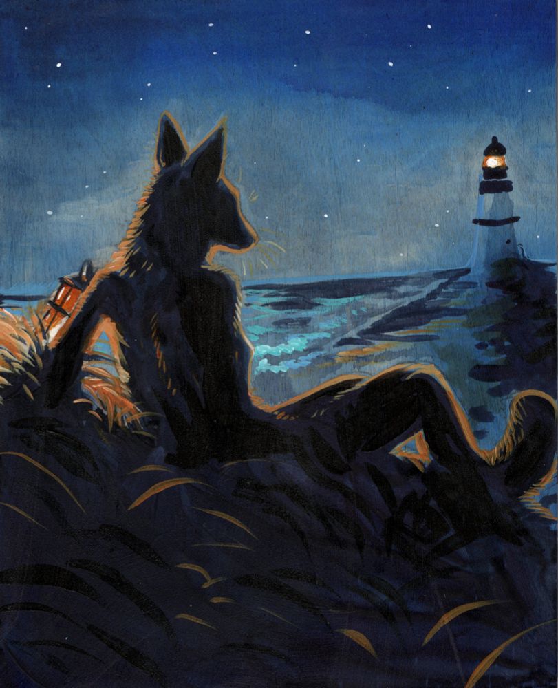 An anthro figure sitting on a hill by the sea. There is a lighthouse in the distance and they are lit by lantern light.
