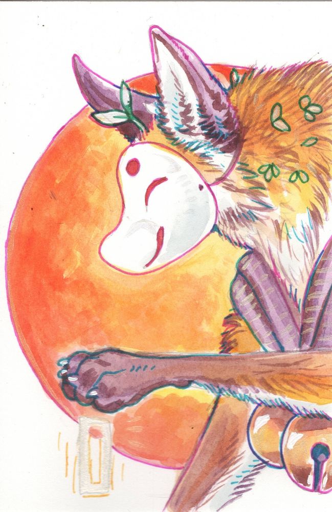 A semi-feral fox like figure wearing a white Kitsune mask. They are casting a magical glyph in the air. The figure is wearing a shawl with bells and has leaves sprouting in their fur. 