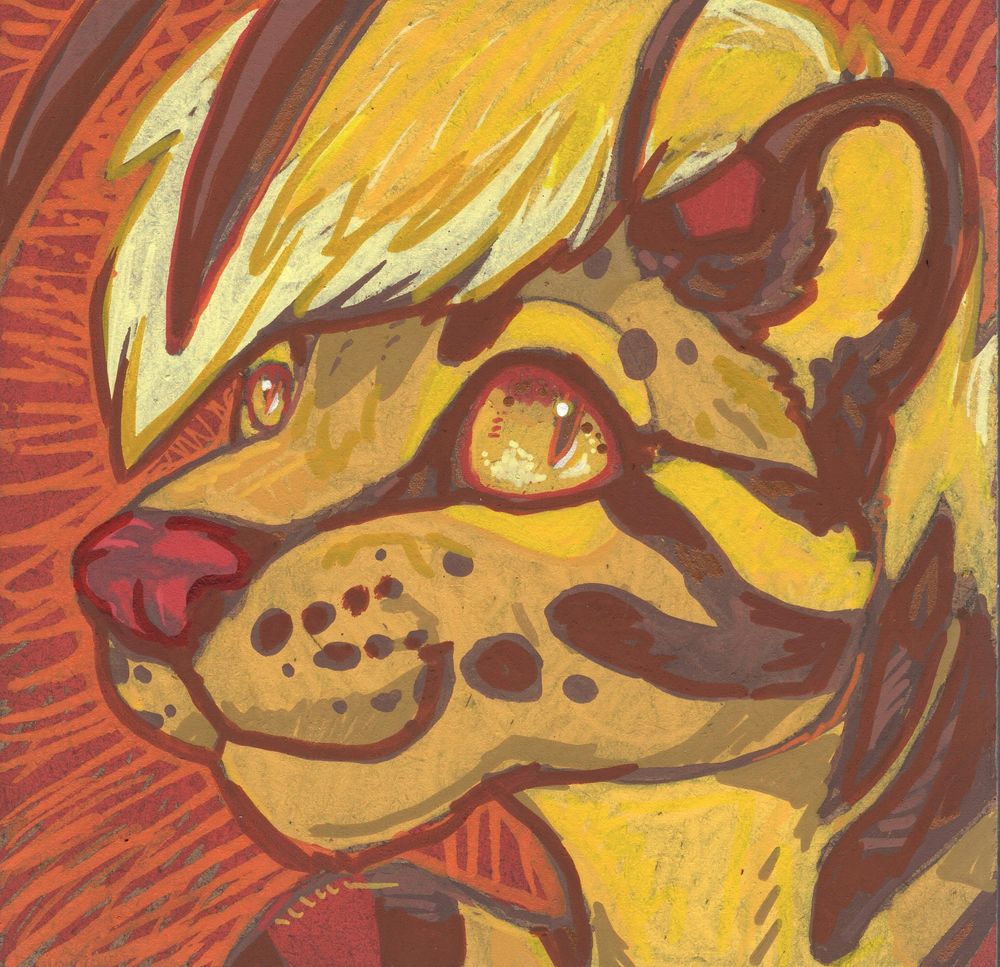 A sketchy, messy acrylic marker drawing/painting of a yellow ocelot-bee. This is traditional media, mostly acrylic markers, on wood. It uses a lot of shades of yellow and orange. 