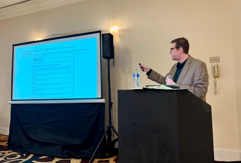 Stephen Little reviewing the Coalition for the Responsible Use of AI in Genealogy’s principles at i4GG’s AI day in San Diego, California on 28March2025