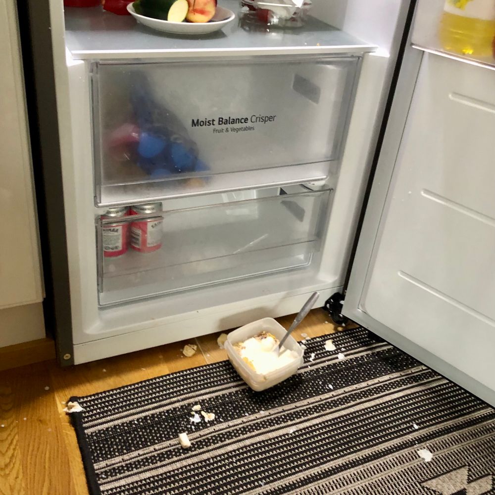 Jääkaapin edessä lattialle tippunut puurokippo, josta vain muutama roiskaisu levinnyt matolle