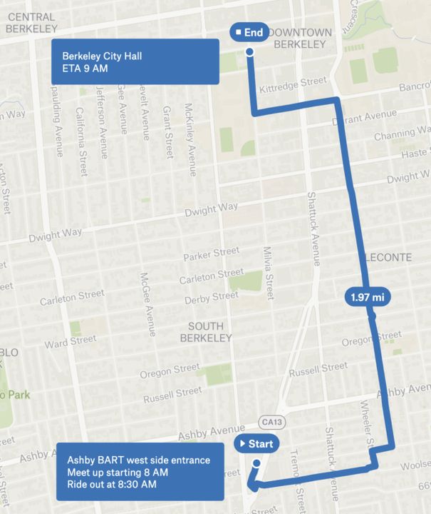 Map showing the ride route from Ashby BART to Berkeley City Hall. 1.97miles total