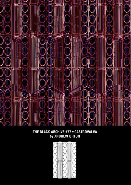 The cover to Black Archive 77 - Castrovalva, showing ionic style columns turned into an abstract image, maroon on black.