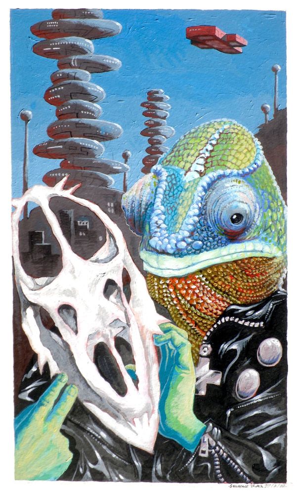 The book cover, showing a man with a chameleon head, holding an elongated skull, with a futuristic city in the background. Original painting by Lawrence Burton. Cover design by Cody Schell.