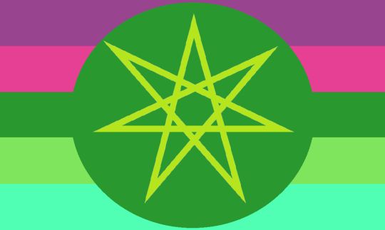 I'm just gonna use the text from the site where I found this faekin pride flag: a 5-striped flag with stripes in descending order: purple, pink, dark green, light green, light blue-green. There is a dark circle in the middle with a light yellow-green 7-pointed star within it.